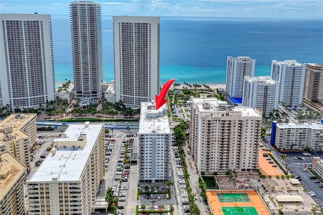 drone / aerial view with a water view