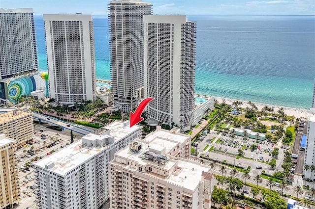 bird's eye view with a view of the beach and a water view