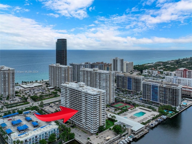 aerial view featuring a water view