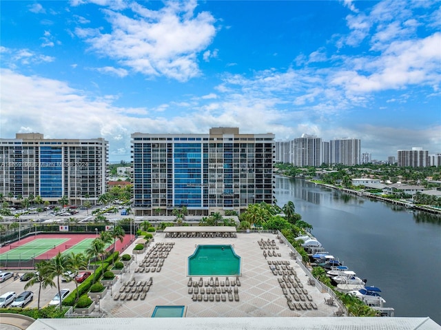 drone / aerial view with a water view