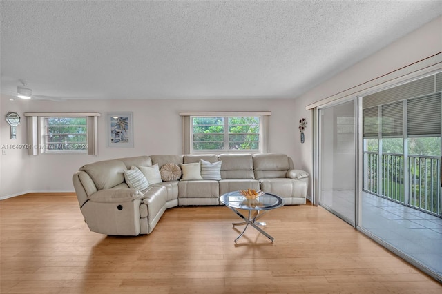 living room featuring light wood-type flooring, a textured ceiling, and plenty of natural light