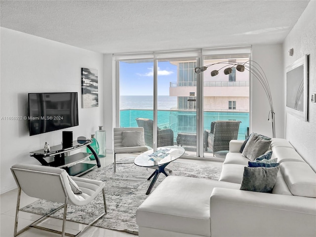 living room with a textured ceiling