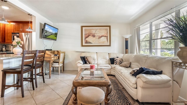 living room featuring light tile patterned floors