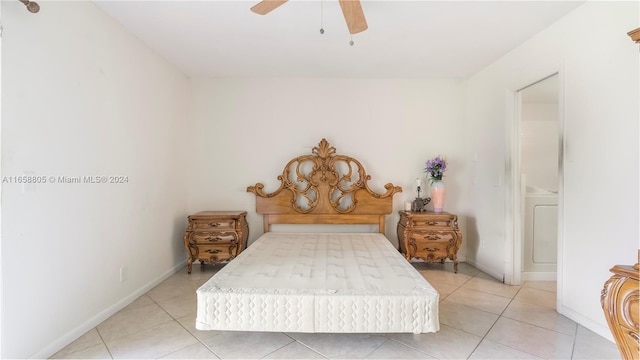 bedroom with ceiling fan and light tile patterned flooring