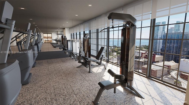 gym featuring a healthy amount of sunlight and a wall of windows