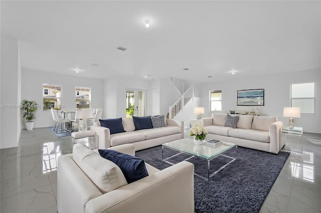 12267 SW 43rd Ct, Davie, FL 33330 - living area with marble tiled floors, stairs, and recessed lighting