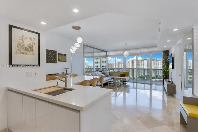 kitchen with pendant lighting, a wall of windows, plenty of natural light, and sink