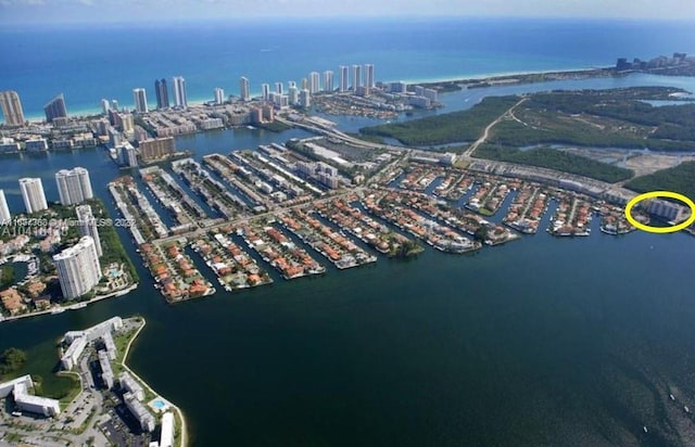 bird's eye view with a city view and a water view