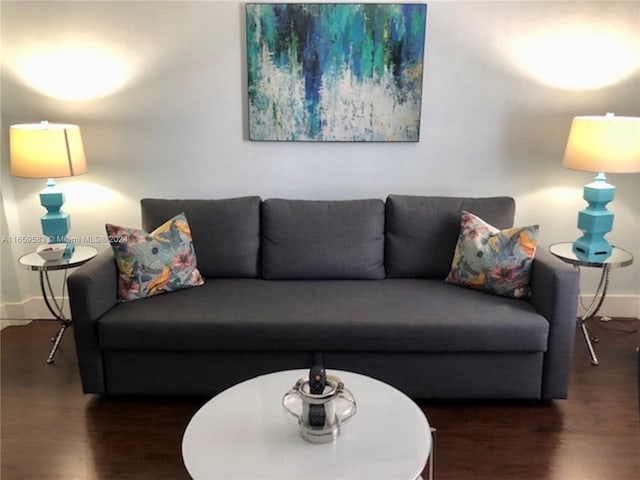 living room featuring dark wood-type flooring