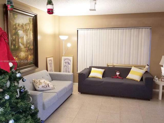 living room with a textured ceiling