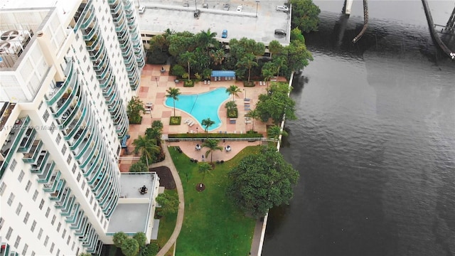 aerial view featuring a water view