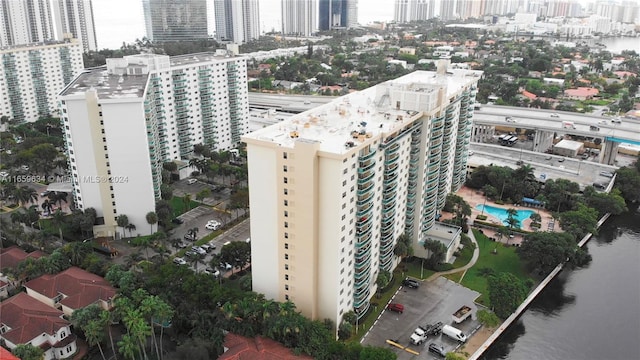 drone / aerial view featuring a water view