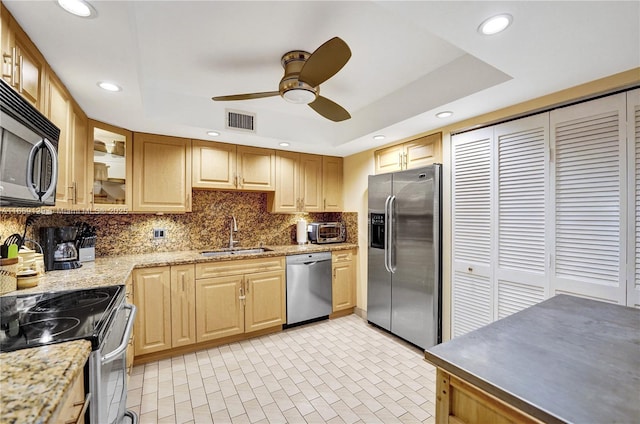 kitchen with sink, a tray ceiling, ceiling fan, and appliances with stainless steel finishes