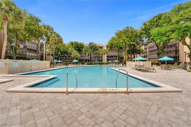 view of swimming pool featuring a patio area