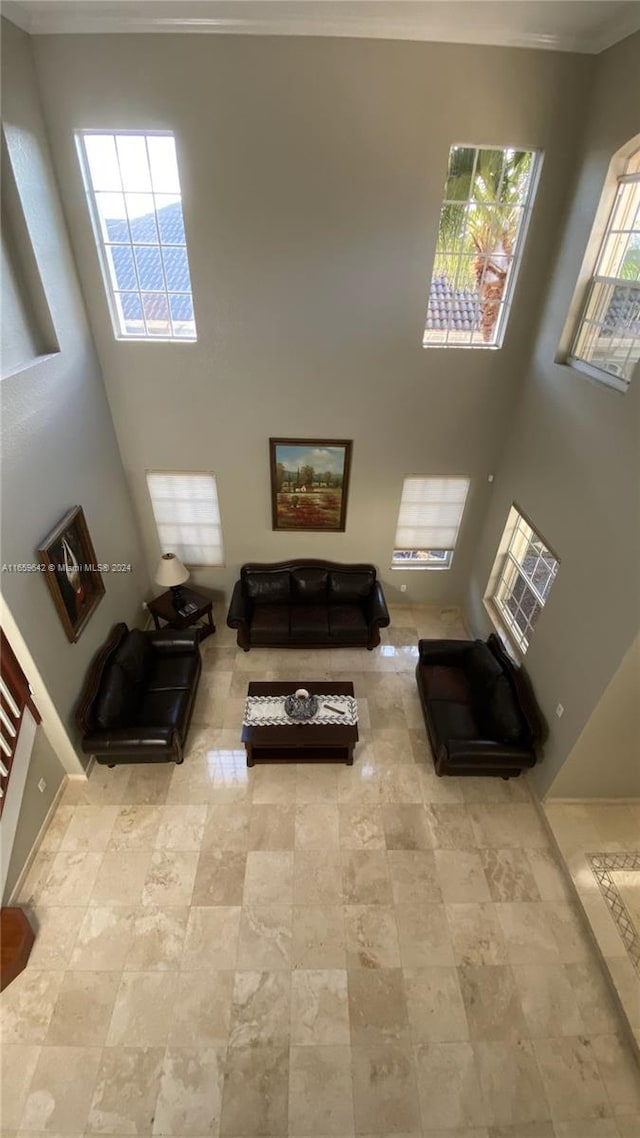 living room with ornamental molding and a high ceiling