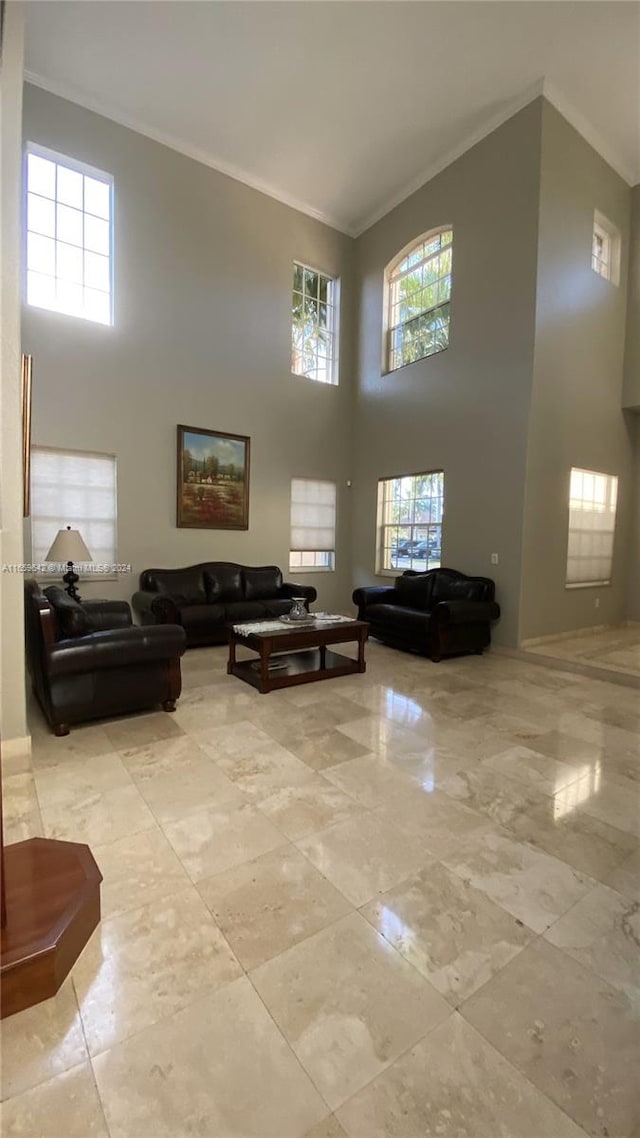 living room with ornamental molding and a towering ceiling