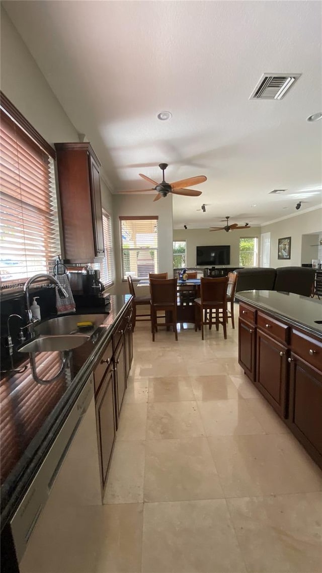 kitchen featuring dishwasher, ceiling fan, sink, and dark brown cabinetry