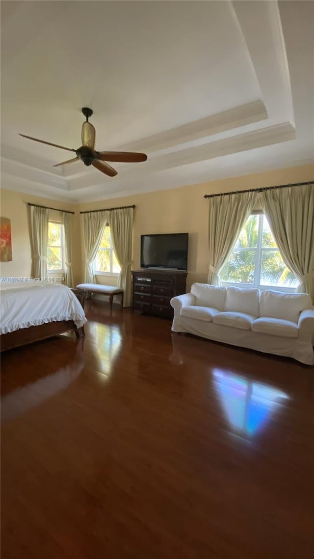 unfurnished bedroom featuring a raised ceiling, ceiling fan, and dark hardwood / wood-style floors