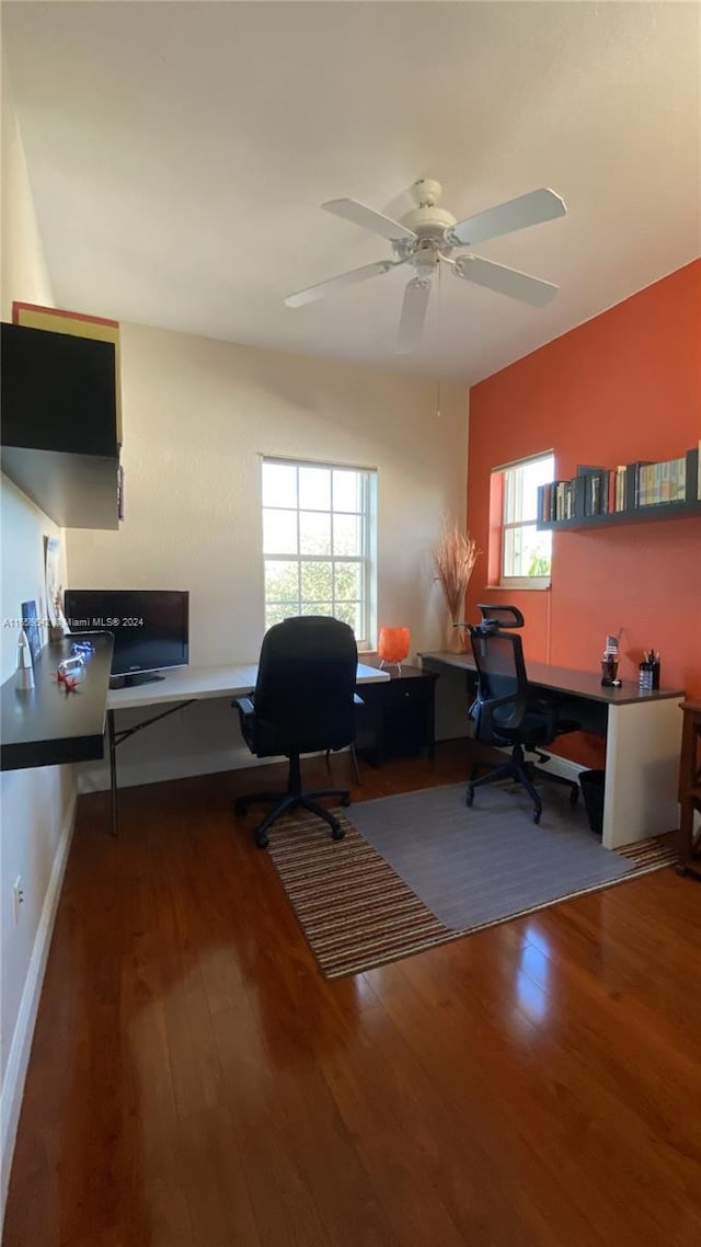 office space featuring wood-type flooring and ceiling fan