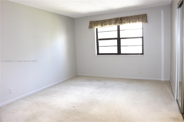 empty room with a textured ceiling and light colored carpet