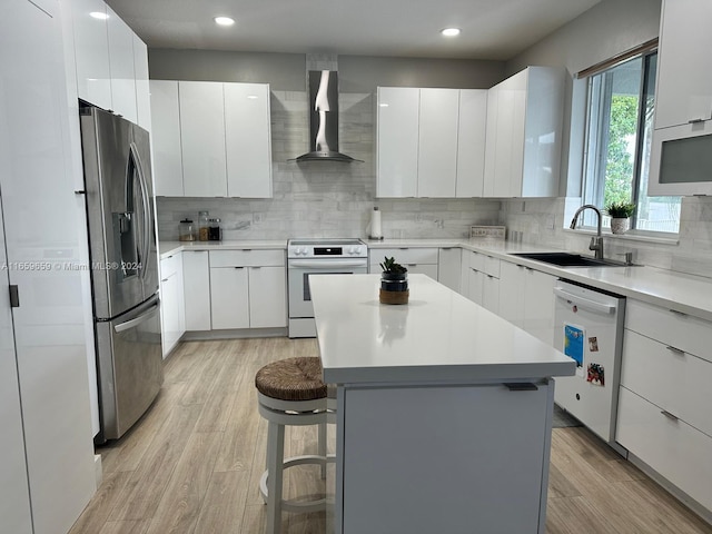 kitchen featuring white appliances, white cabinets, a kitchen breakfast bar, wall chimney range hood, and sink