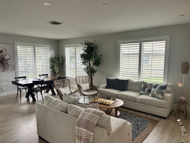 living room with a healthy amount of sunlight, a textured ceiling, and light hardwood / wood-style floors