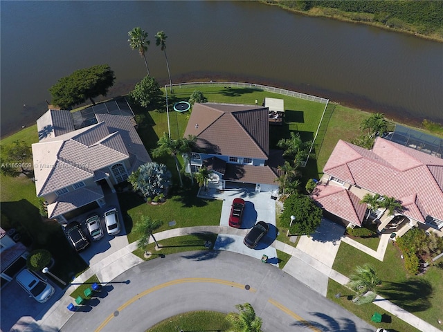 drone / aerial view featuring a water view