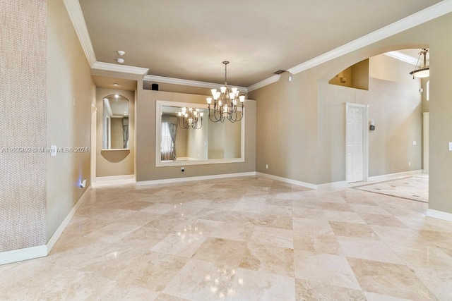 unfurnished room featuring crown molding and an inviting chandelier