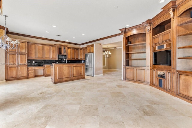 kitchen with a kitchen island, ornamental molding, stainless steel refrigerator, decorative backsplash, and a chandelier