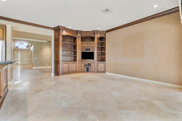 unfurnished living room with crown molding