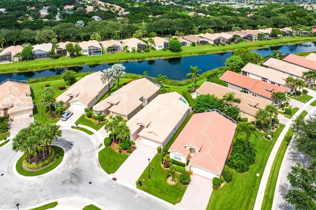 drone / aerial view with a water view