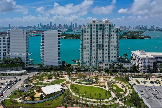 drone / aerial view with a water view