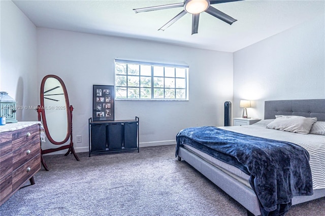 bedroom featuring ceiling fan and carpet