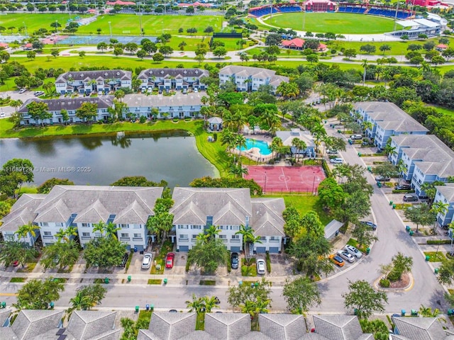 drone / aerial view featuring a water view