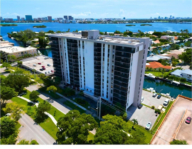 2500 NE 135th St Unit C301, North Miami, FL 33181 - drone / aerial view of skyline, a nearby body of water, and apartment complex / building