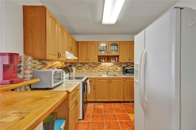2500 NE 135th St Unit C301, North Miami, FL 33181 - kitchen with white appliances, a sink, decorative backsplash, under cabinet range hood, and a textured ceiling