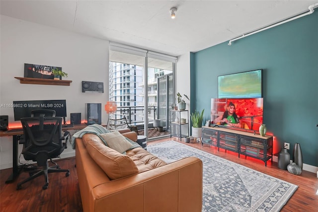 living room featuring a wall of windows and wood-type flooring