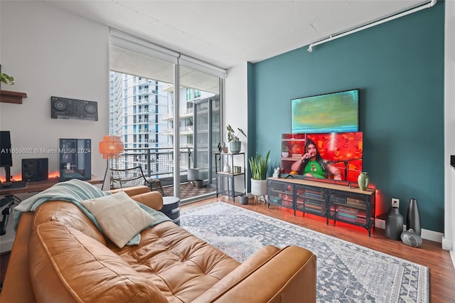 living room featuring a wall of windows and hardwood / wood-style floors