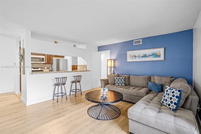 living room with a textured ceiling and light hardwood / wood-style flooring