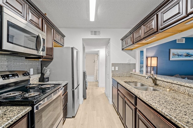 kitchen with a textured ceiling, light hardwood / wood-style flooring, appliances with stainless steel finishes, sink, and dark brown cabinetry