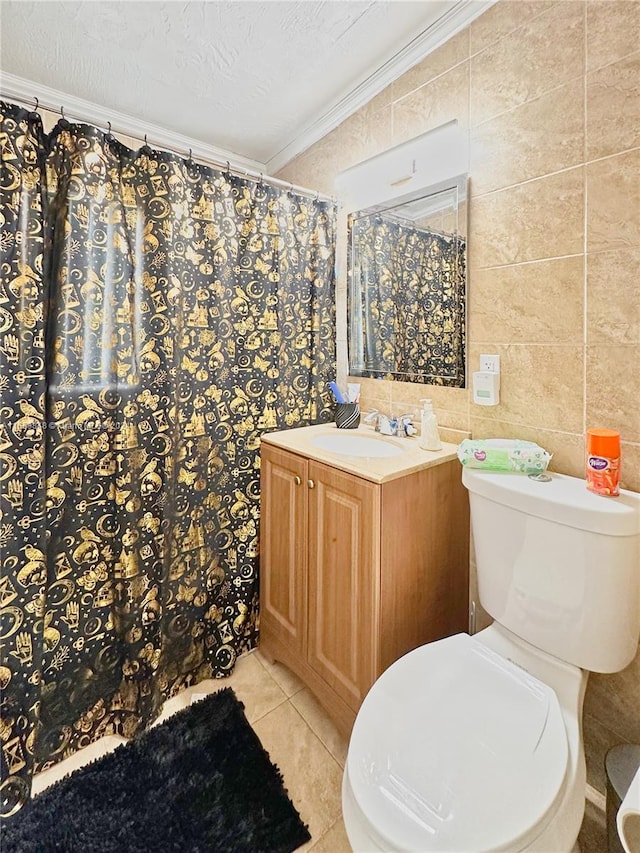 bathroom with ornamental molding, tile walls, and toilet