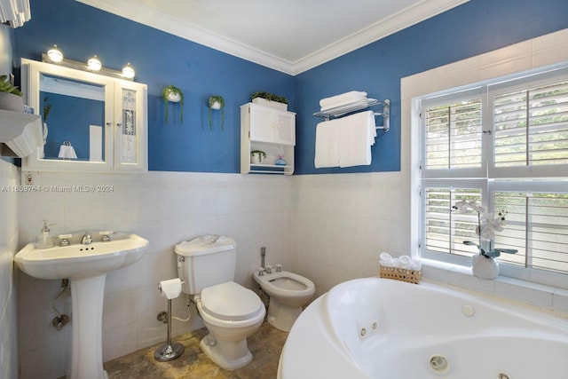 bathroom with a bidet, tile walls, toilet, and a washtub