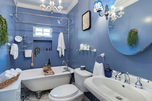 full bathroom with an inviting chandelier, toilet,  shower combination, sink, and ornamental molding