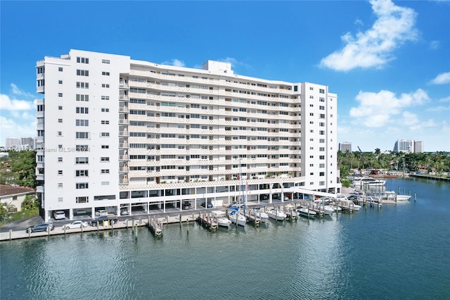 view of building exterior featuring a water view