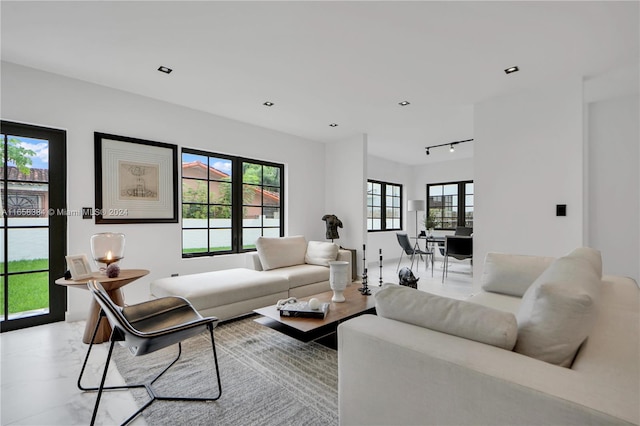 living room featuring track lighting and plenty of natural light