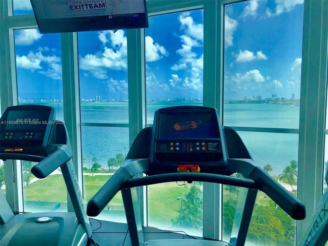 gym with a wealth of natural light and a water view