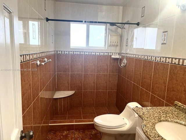 bathroom with tile walls, toilet, a tile shower, and vanity