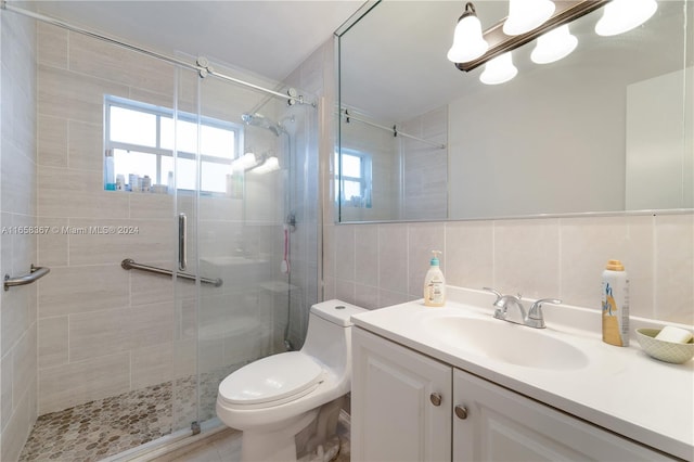 bathroom with vanity, toilet, a healthy amount of sunlight, and an enclosed shower