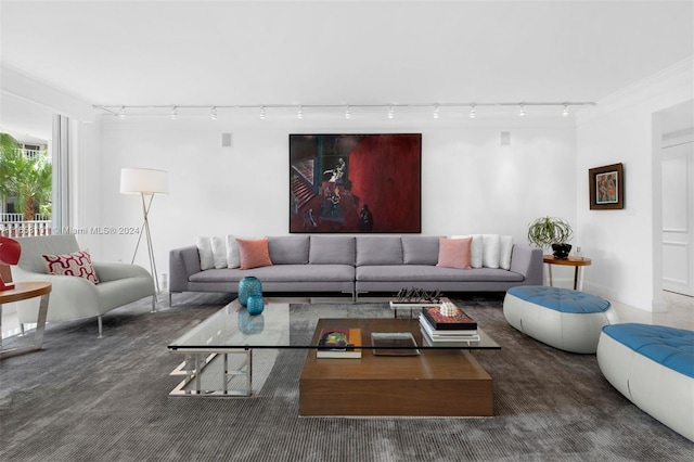 carpeted living room with rail lighting and crown molding