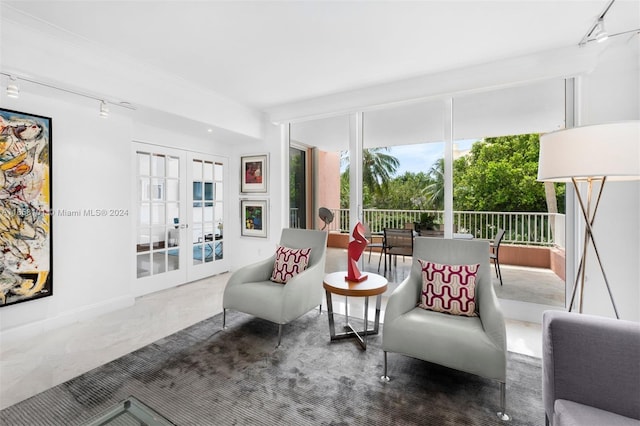 sitting room featuring french doors and rail lighting